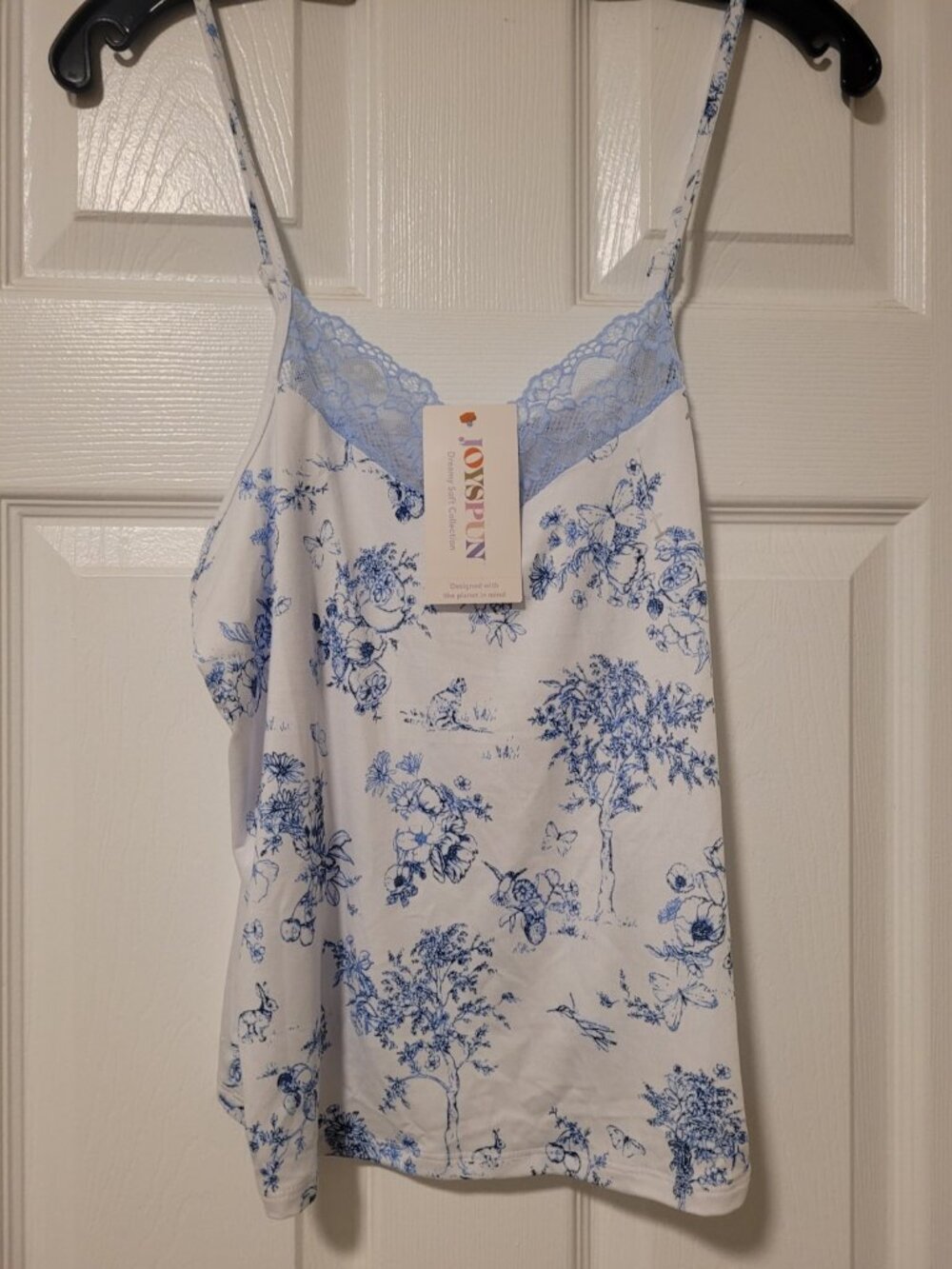Joyspun Women's Camisole Tank Top Floral Lace Trim White/Blue XS